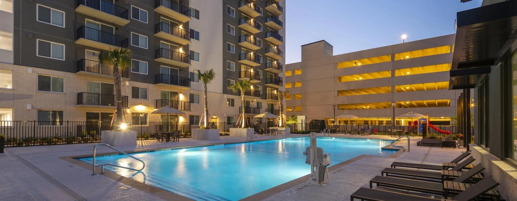 a swimming pool in a city