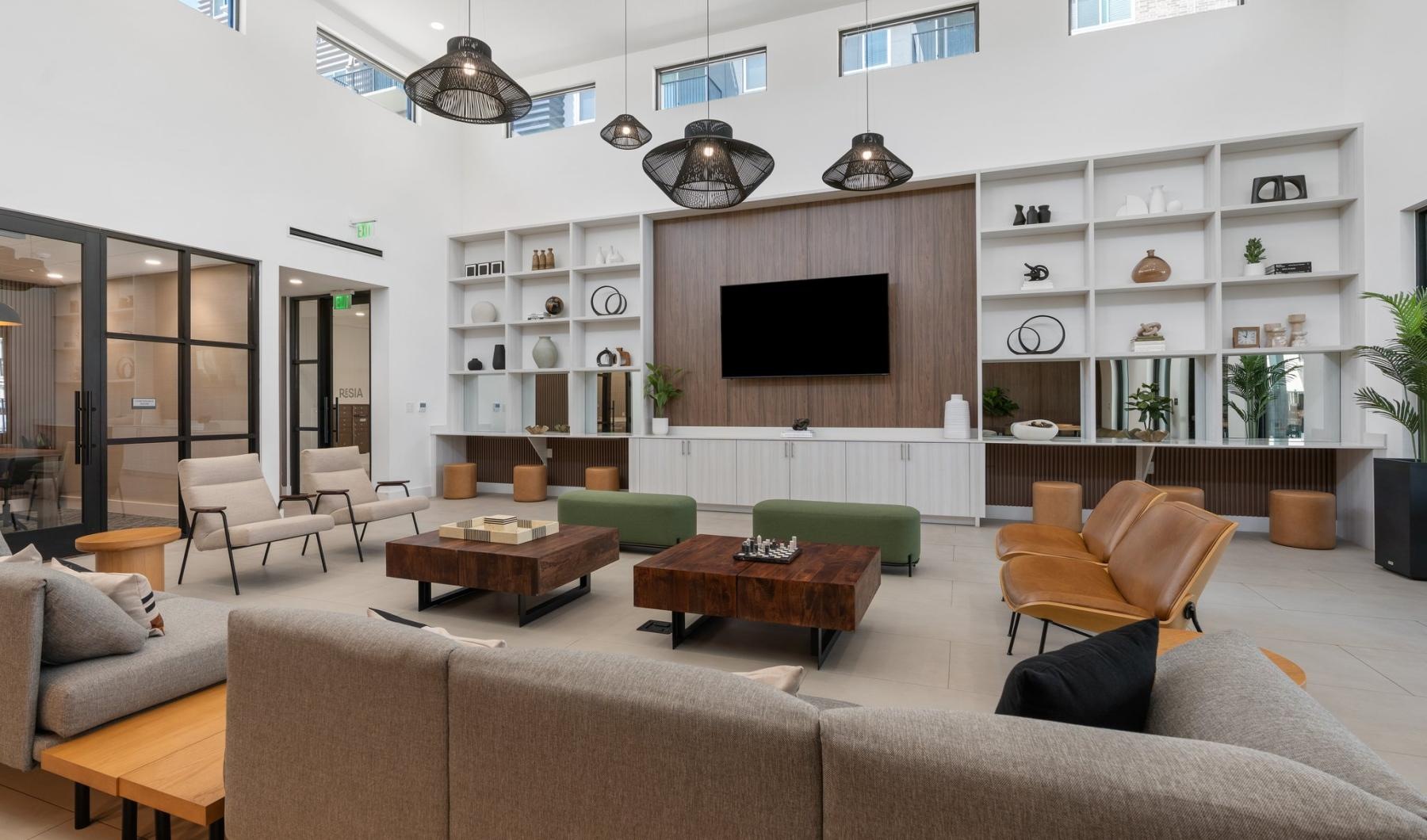 a living room with a fireplace