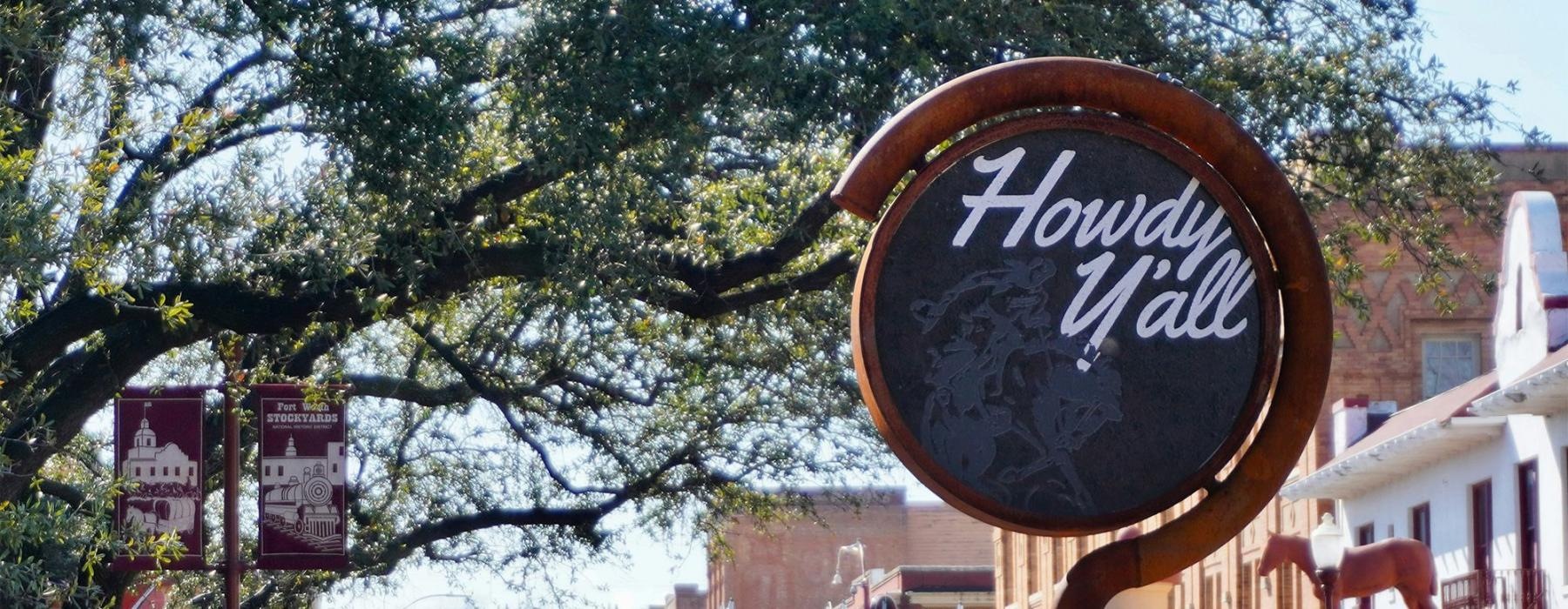 a sign on a street at the Stock Yards in Fort Worth